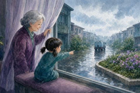 雨后清晨外婆和小女孩在窗边看楼下湿漉漉的地面