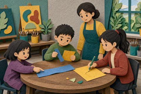 美术班圆桌旁三个孩子用不同方式比较蓝色长纸条和黄色方纸片