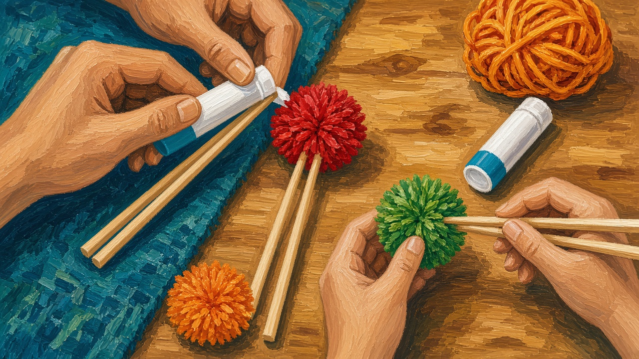 特写：大人和孩子的手把红、绿、橙色毛线绒球粘到筷子顶端