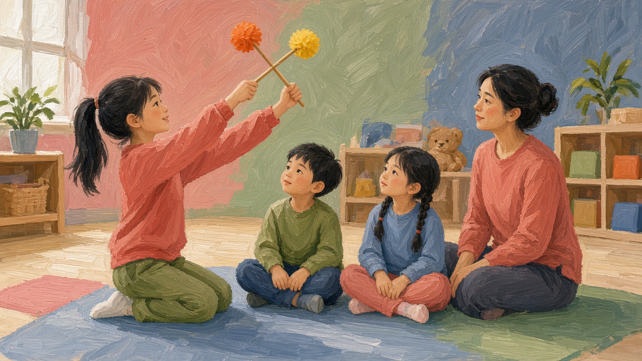 活动室地垫上，马尾姐姐举起橙黄两根绒球棒交叉，两个小朋友抬眼跟着看，老师在旁观察