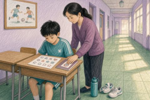 体育课后走廊边妈妈盖住目标小卡男孩对着划消纸发愣
