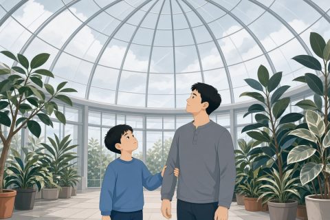 植物园温室里，短发男孩抬头看天窗外的灰云，拉着爸爸袖子，远处橡皮树与玻璃穹顶