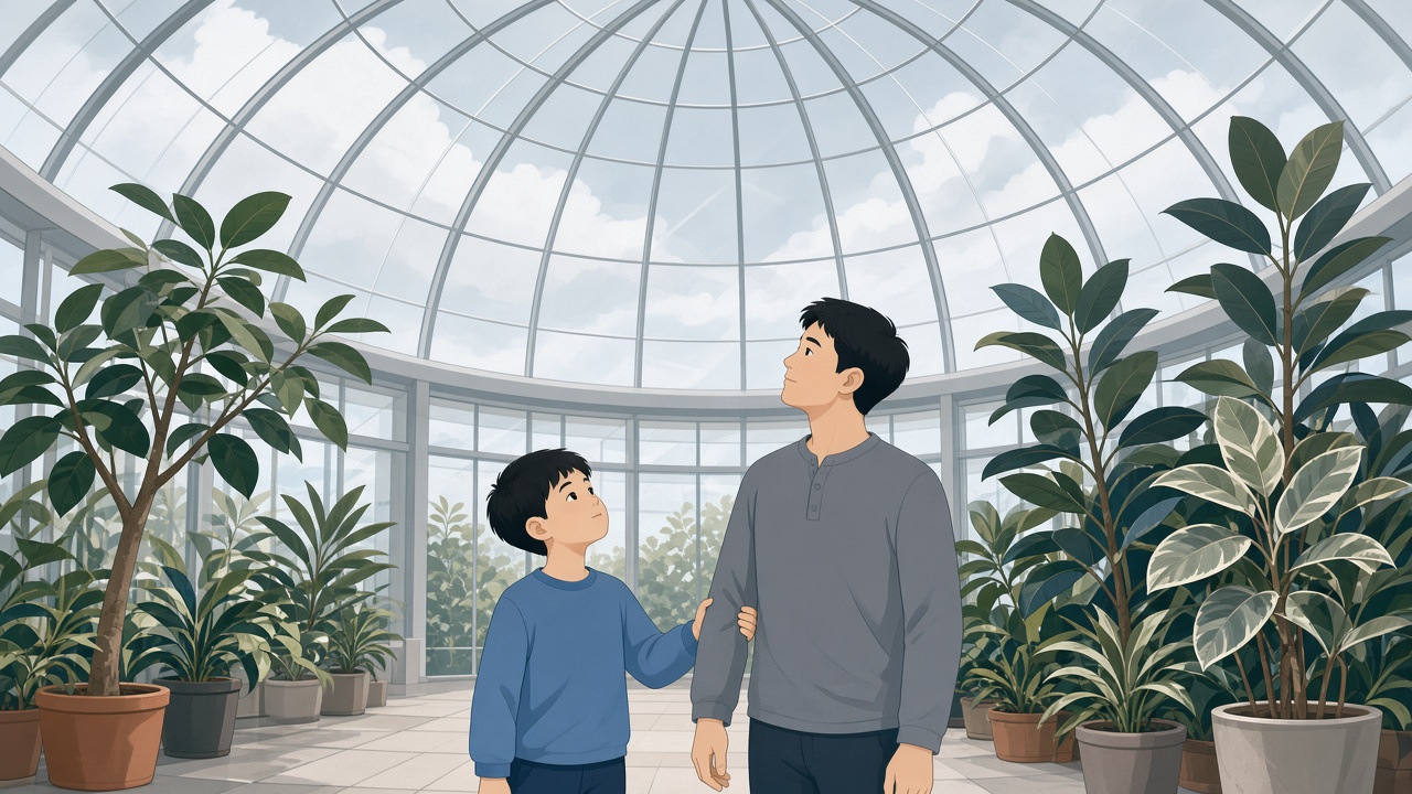 植物园温室里,短发男孩抬头看天窗外的灰云,拉着爸爸袖子,远处橡皮树与玻璃穹顶