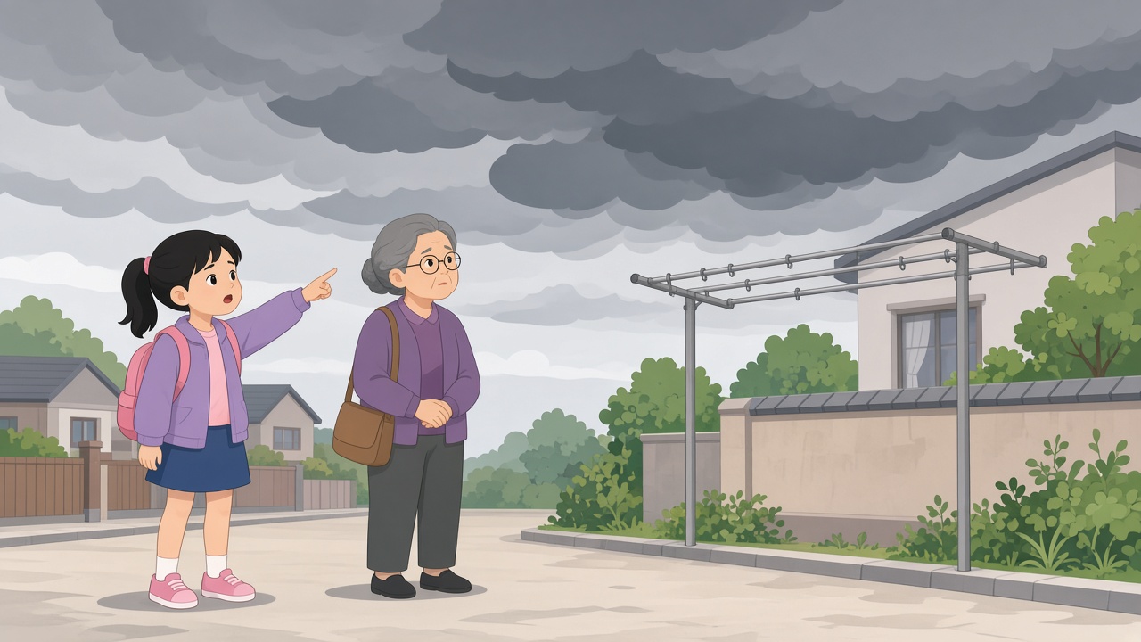 中景:放学路上扎马尾的女孩指着邻居空晾衣杆和天上灰云,外婆在旁倾听