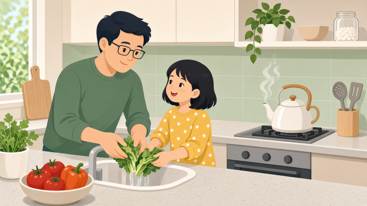 中景:厨房里眼镜爸爸和波波头女孩洗菜对话,灶上水壶冒热气