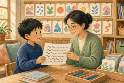 社区图书馆儿童阅览角，短发藏青毛衣男孩把划消纸递给眼镜鼠尾草开衫妈妈，墙上挂着识字卡