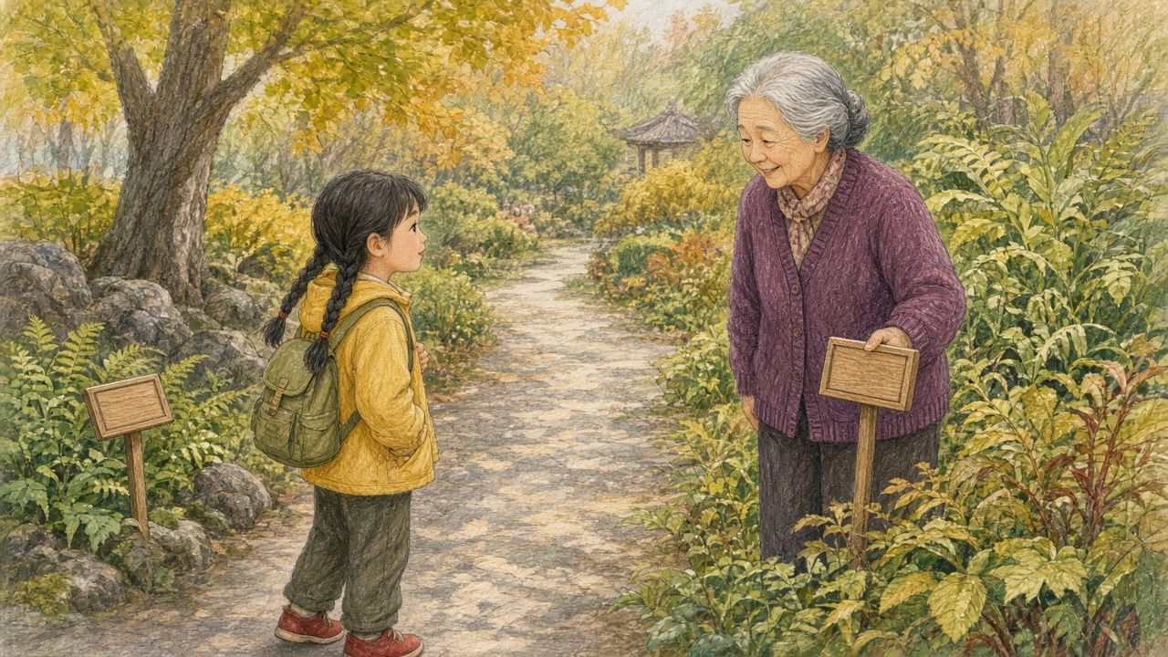 植物园小路,双辫女孩停在植物名牌前抬头看,灰发外婆在旁微笑