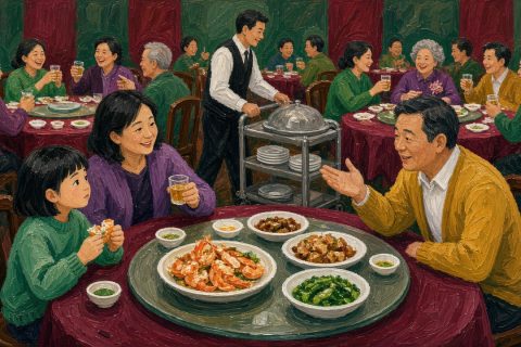 外婆生日宴的饭店大厅里人声热闹，穿绿毛衣的女孩剥着虾，抬头没听清对面舅舅的问话