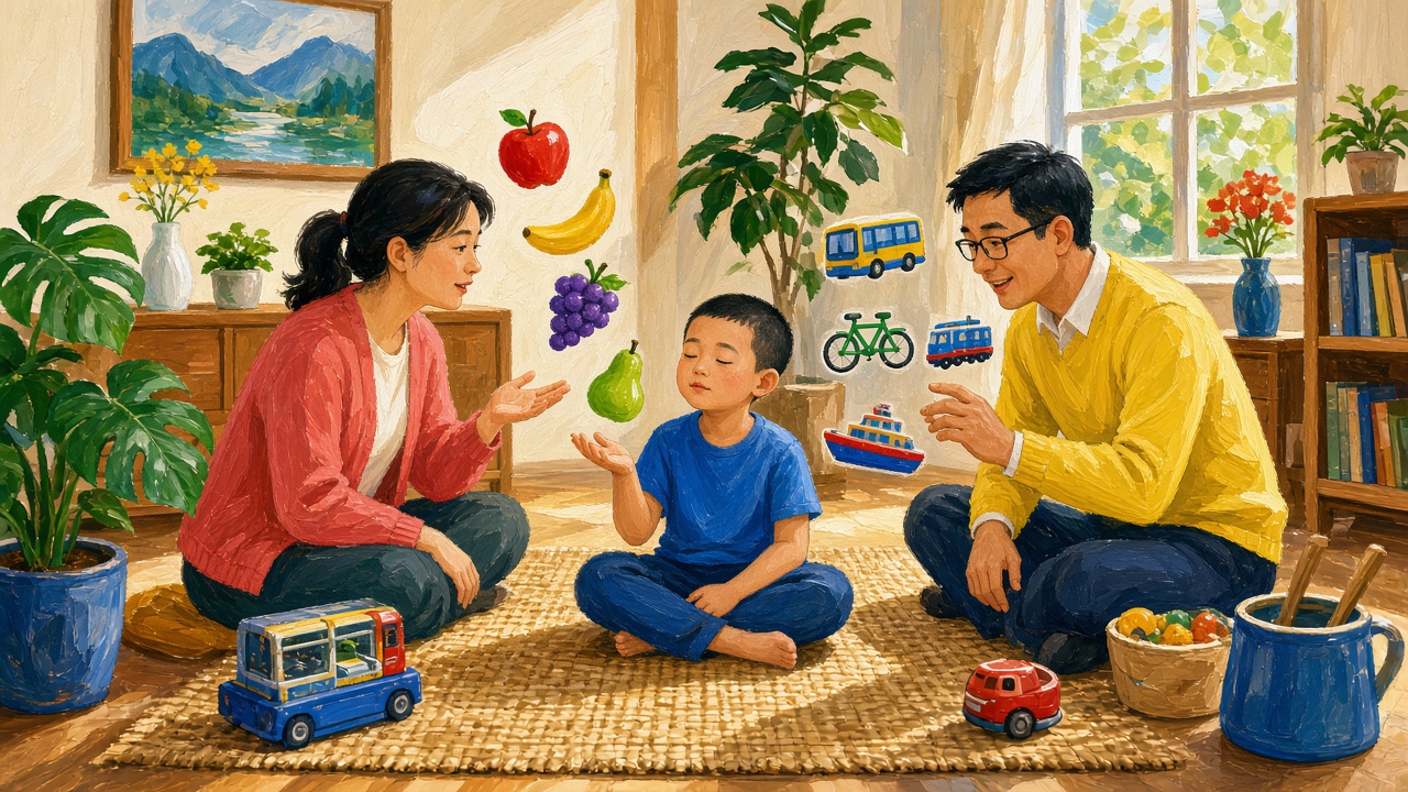 客厅地垫上男孩闭眼坐在中间,妈妈念水果、爸爸念交通工具,他只跟住妈妈的声音