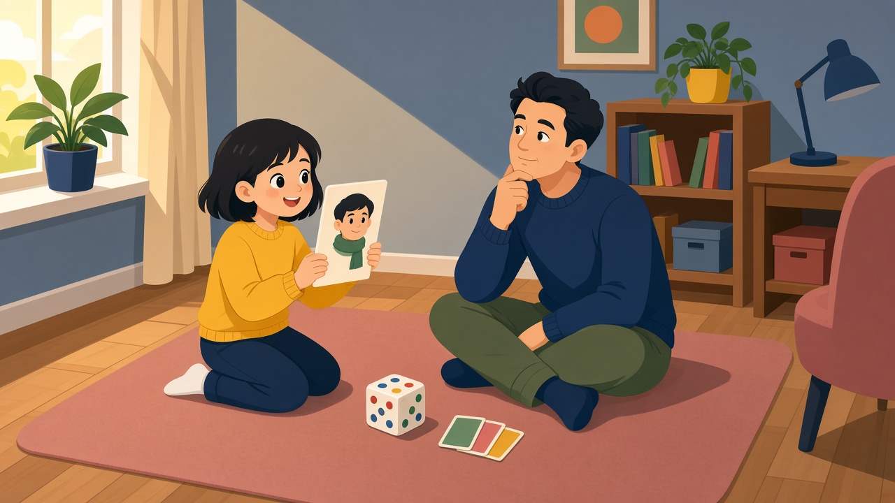 短发女孩当出题人,把人物卡藏在胸前考爸爸,爸爸托着下巴回想