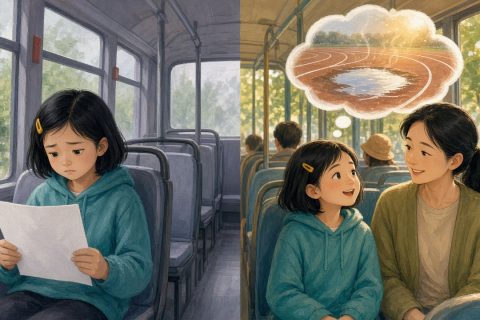 公交车上女孩对着复习单发愁，想起操场积水后露出笑容