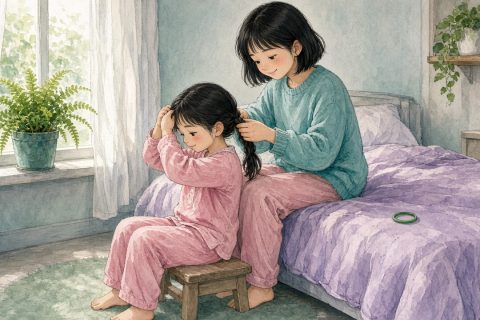 姐姐握着妹妹的手一起编三股辫