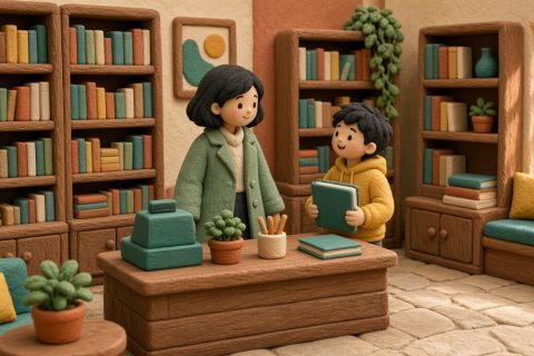 书店收银台前，抱着一本厚谜题书的男孩和妈妈