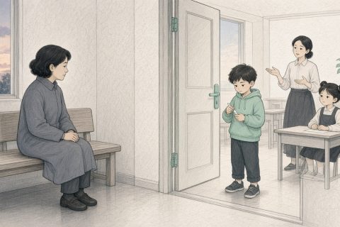 兴趣班门外妈妈等候，教室内一男孩拧笔帽一女孩坐端正