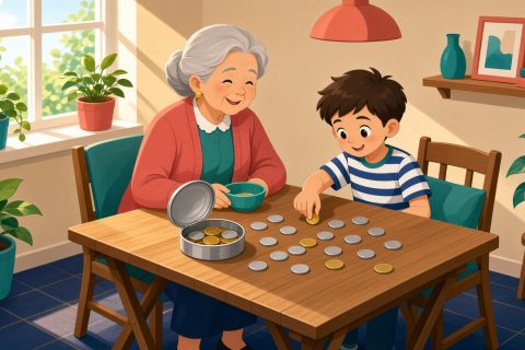 奶奶家的餐桌上，孩子试着用指尖捏起硬币