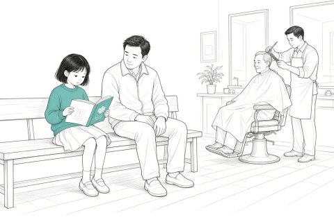 理发店等候区，一年级女孩坐在长椅上读拼音绘本，爸爸在旁边听