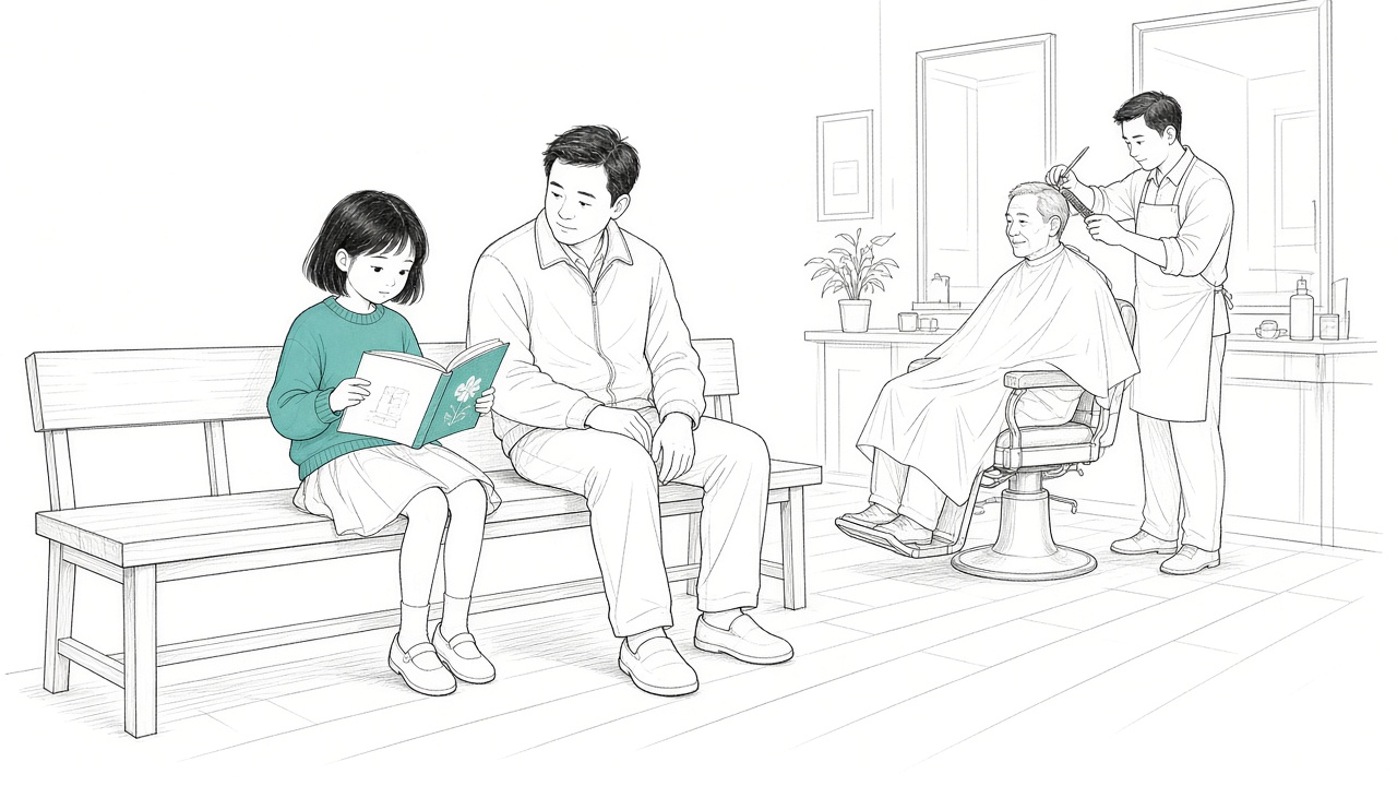 理发店等候区，一年级女孩坐在长椅上读拼音绘本，爸爸在旁边听