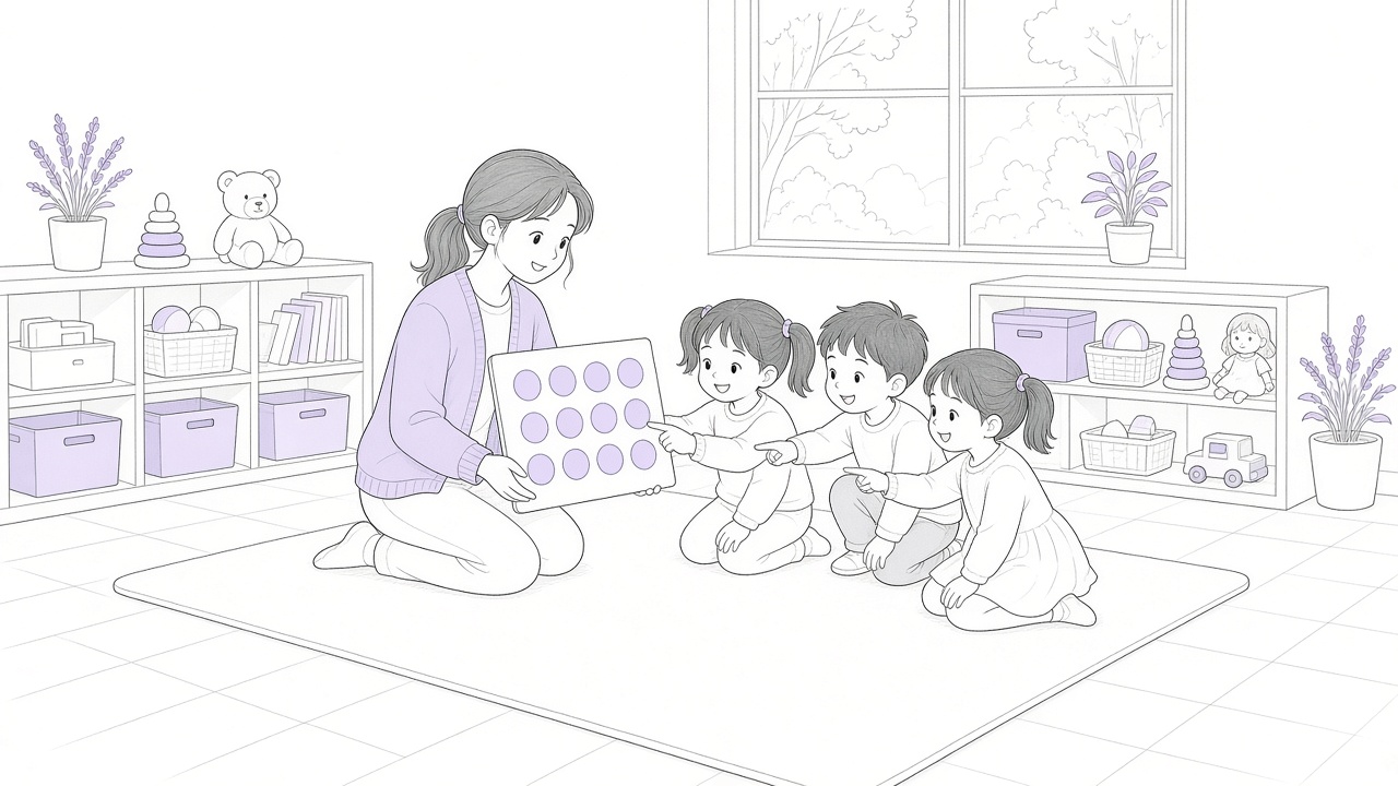 幼儿园活动区，老师举着彩色圆点方格卡，三个大班孩子凑过来指认