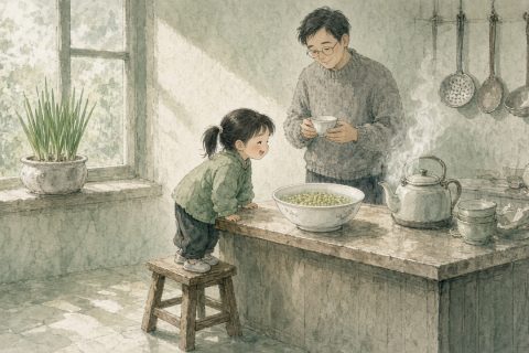 清晨厨房里，小女孩踩着板凳凑近一碗泡胀的绿豆