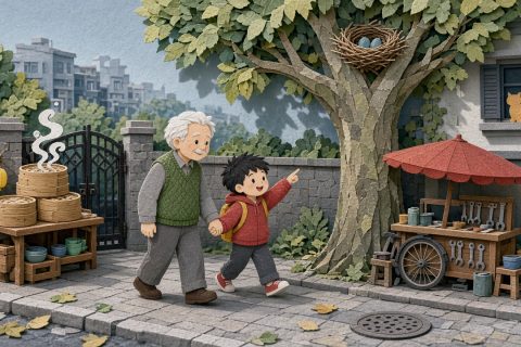 清晨上学路上，一年级男孩指着树上的鸟窝，爷爷牵着他的手