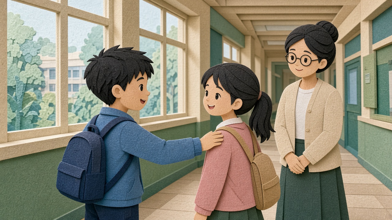 学校走廊里,男孩轻轻拍同学的肩膀打招呼,女孩回头微笑,老师在一旁看着