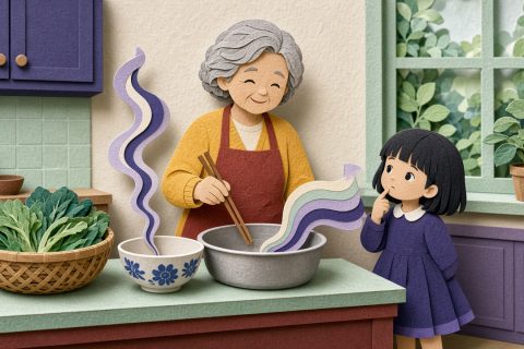 奶奶在厨房分别敲瓷碗和铁盆，小女孩歪头分辨哪一声更高