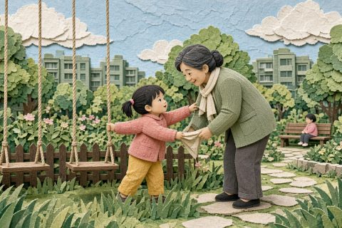 小区花园秋千旁，小班女孩拽外婆衣角伸手指秋千，外婆正要抱她上去
