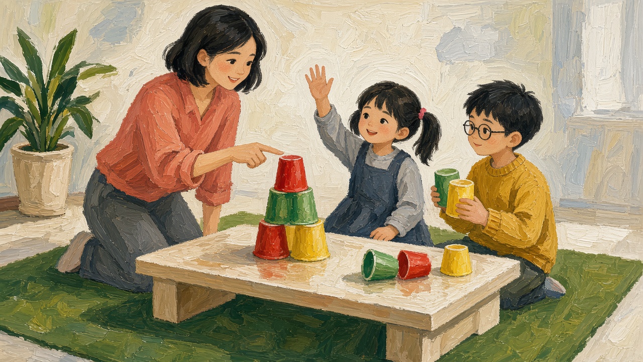 训练室矮桌上摆着纸杯搭好的样品塔，老师指着它，两个孩子先说清要搭成什么样再动手
