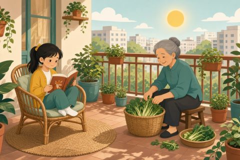 周末阳台上，女孩捧着故事书读得入神，外婆在一旁择菜