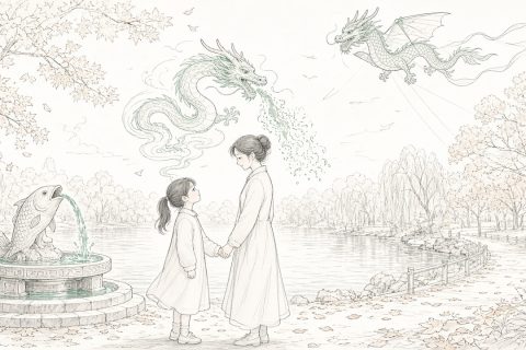 秋日公园湖边，石头鱼喷泉和天上的龙形风筝之间，扎马尾的女孩牵着妈妈仰头，头顶浮现她想象中会喷水的绿龙