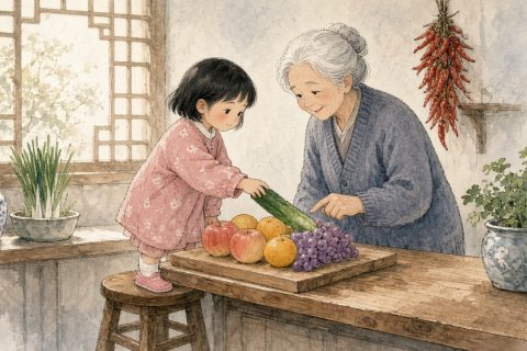 厨房案板边，女孩把黄瓜推向苹果橙子葡萄，奶奶在旁边笑着指点
