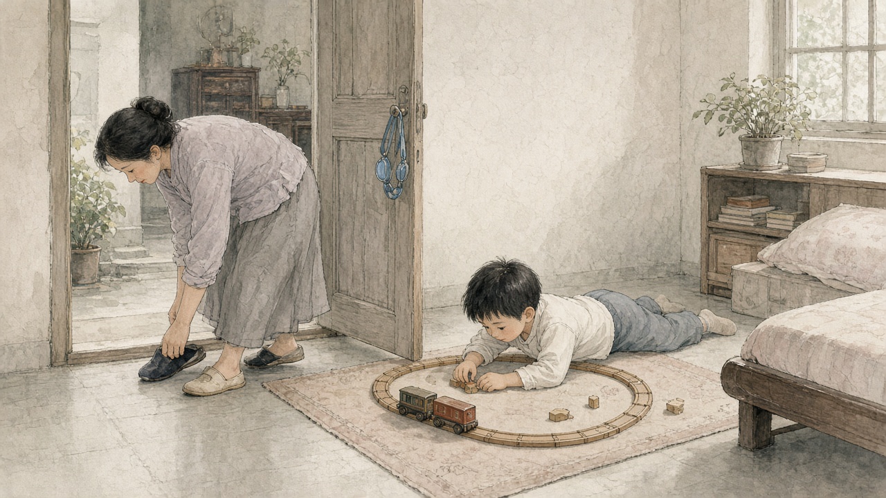 周六早上妈妈在门口换鞋,男孩趴在卧室地毯上拼小火车轨道,泳镜还挂在门后