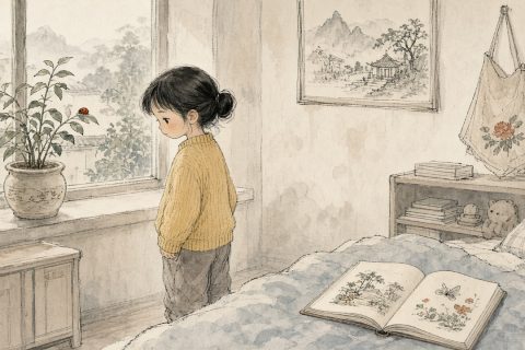 女孩站在卧室中间，望着窗台盆栽上的小瓢虫，床上摊着一本绘本