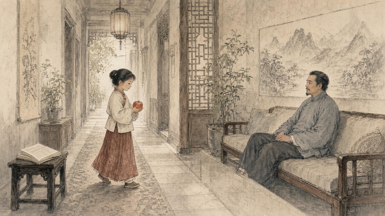 女孩捧着苹果走过走廊去找沙发上的爸爸,路边小凳上摊着一本书