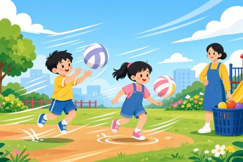 幼儿园操场课间，大班男孩原地拍软排球，旁边女孩也在拍，老师守着球筐