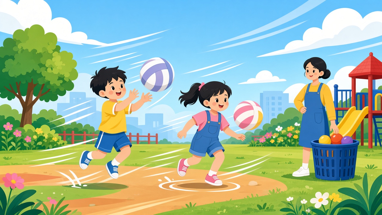 幼儿园操场课间,大班男孩原地拍软排球,旁边女孩也在拍,老师守着球筐