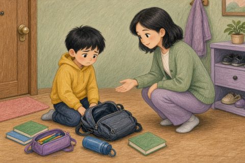 玄关男孩把书包整包倒空妈妈蹲旁