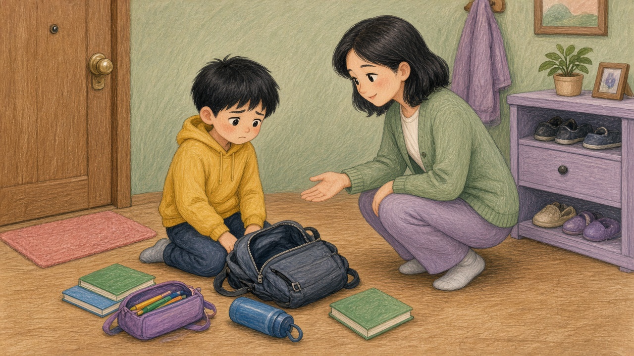 玄关男孩把书包整包倒空妈妈蹲旁
