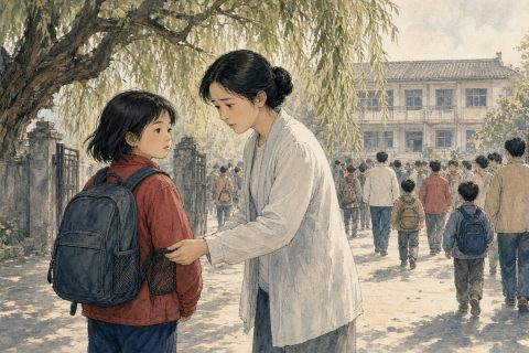 放学时校门口，妈妈发现女孩书包侧袋里的水杯不见了