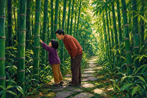 植物园竹园里，小女孩踮脚数竹节上的圈，爸爸弯腰陪在一旁