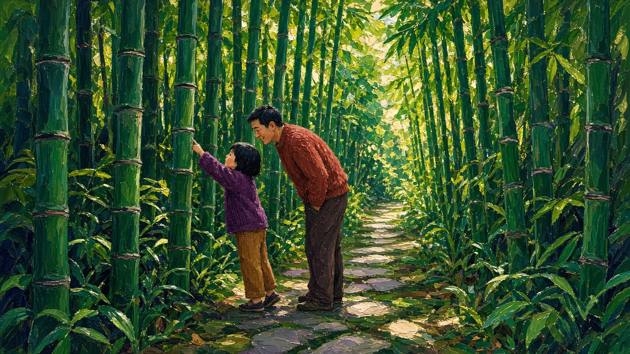 植物园竹园里,小女孩踮脚数竹节上的圈,爸爸弯腰陪在一旁