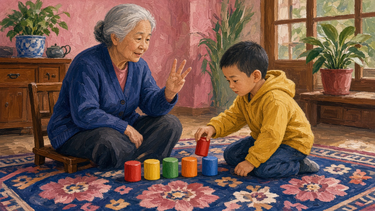 客厅地毯上,奶奶报颜色,男孩按顺序把彩色小棒从左往右排开