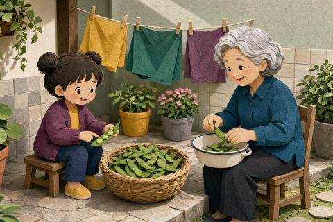 外婆家院子里，小女孩剥开一个四颗豆的毛豆荚，用手指一颗颗点数