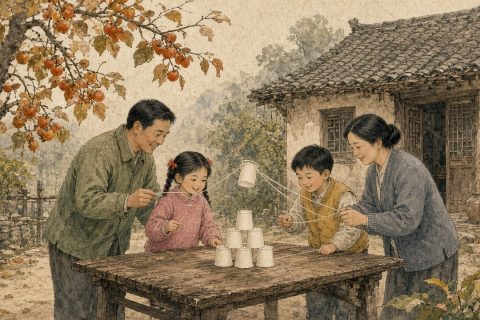 农家乐院子的柿子树下，一家四口各捏一根线，用皮筋箍住纸杯往小塔上摞