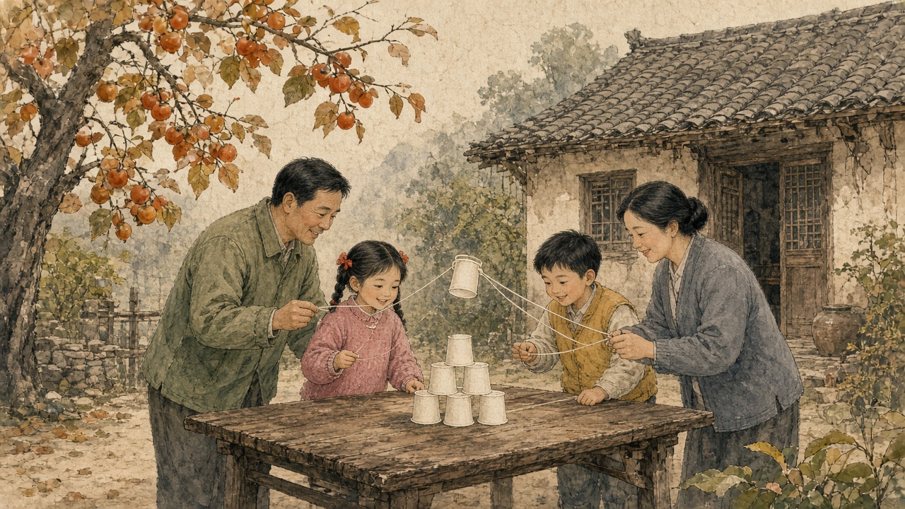 农家乐院子的柿子树下，一家四口各捏一根线，用皮筋箍住纸杯往小塔上摞