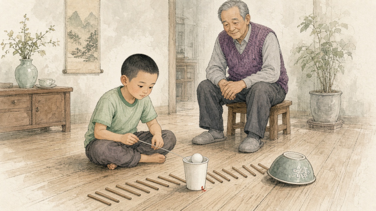 男孩坐在木地板上拽线，拖着装乒乓球的纸杯沿两排筷子摆成的小路走，爷爷坐在一旁看