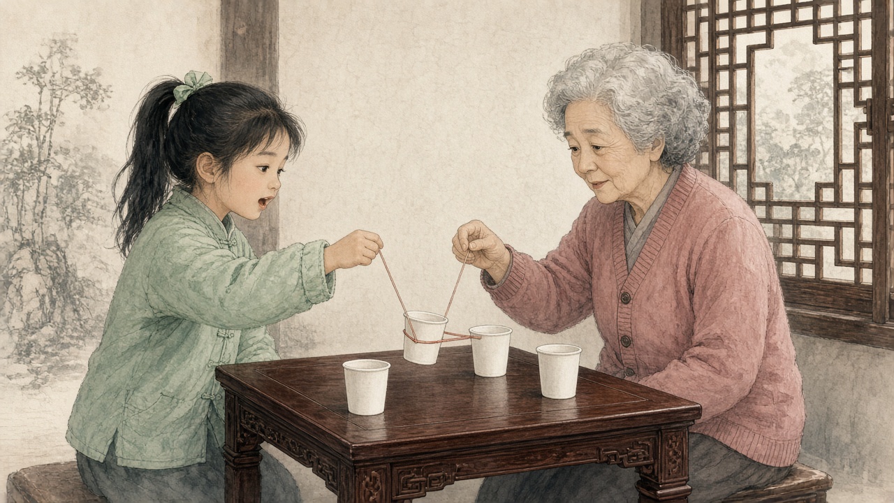 女孩和外婆隔着方桌各拉一根线，两人都盯着皮筋，女孩嘴里数着口令