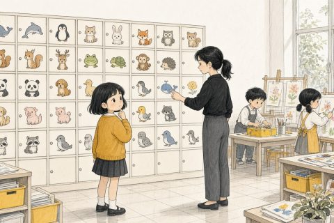 美术班墙边的小格子柜前，老师指向贴着蓝色小鲸鱼的柜门