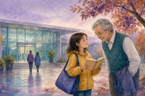 游泳馆门口，三年级女孩把记作业的小本子递给爷爷看