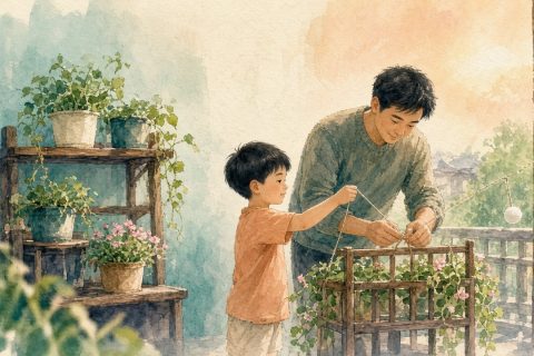 阳台花架旁爸爸补绳男孩用绳头拴乒乓球试着伸手